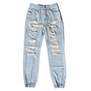 Women's High Waisted Light Wash Distressed Jogger Jeans XS 25" W x 27", 11" Rise